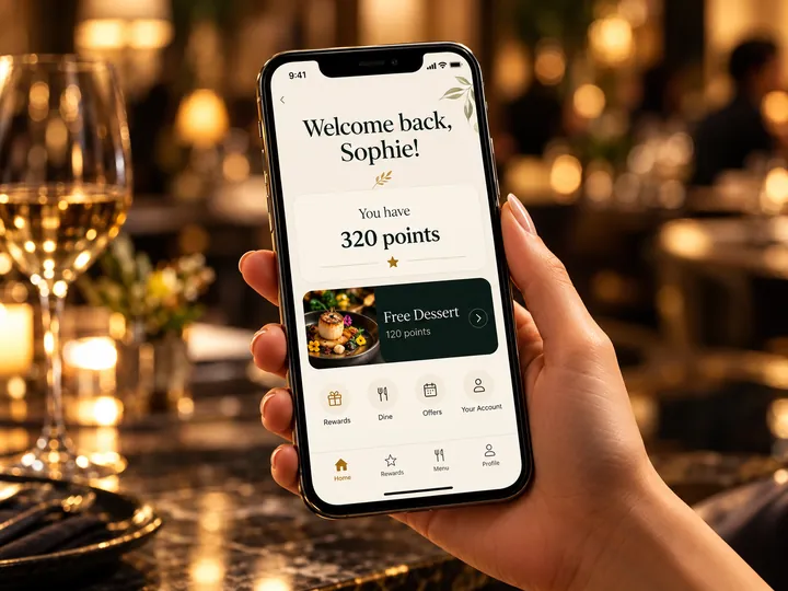 A phone showing a personal welcome and a free dessert reward